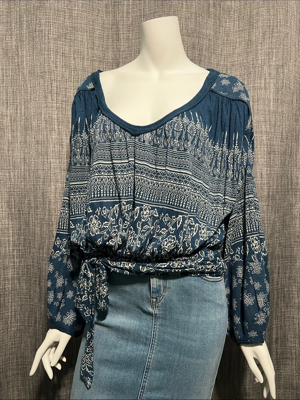 Free People Printed Blue Warrior Long Sleeve Open Back Top NWT XS